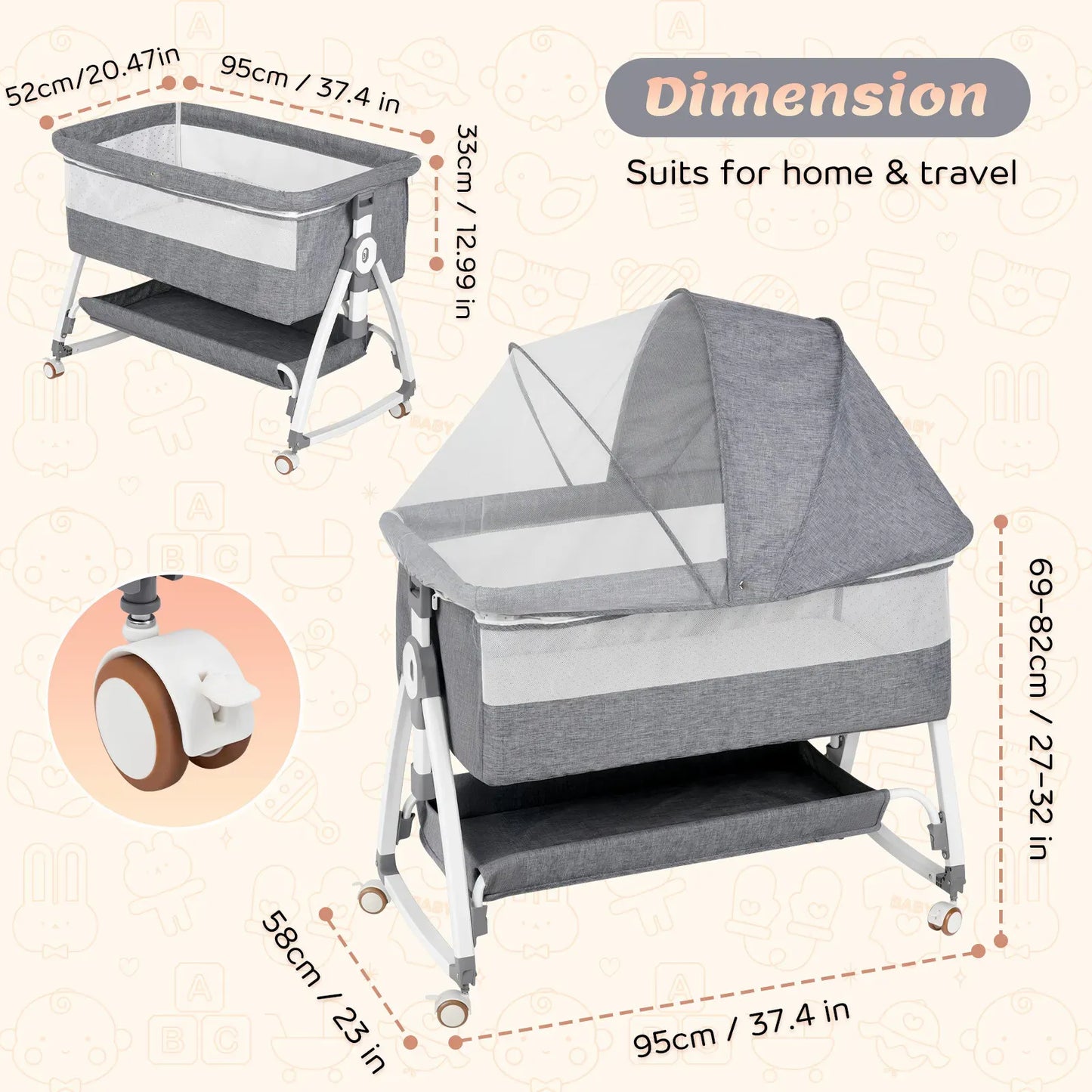 3-in-1 Adjustable Height Baby Bassinet Crib with Mosquito Net and Storage Basket in Grey
