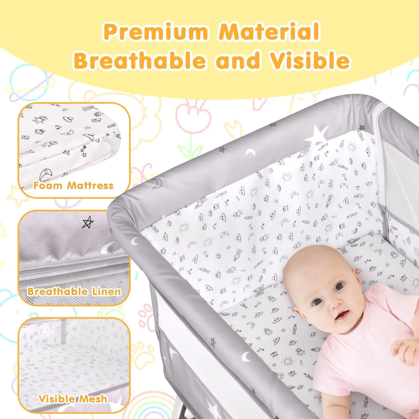 3-in-1 Grey Baby Bassinet Bedside Crib with Adjustable Height, Mosquito Net & Storage Basket