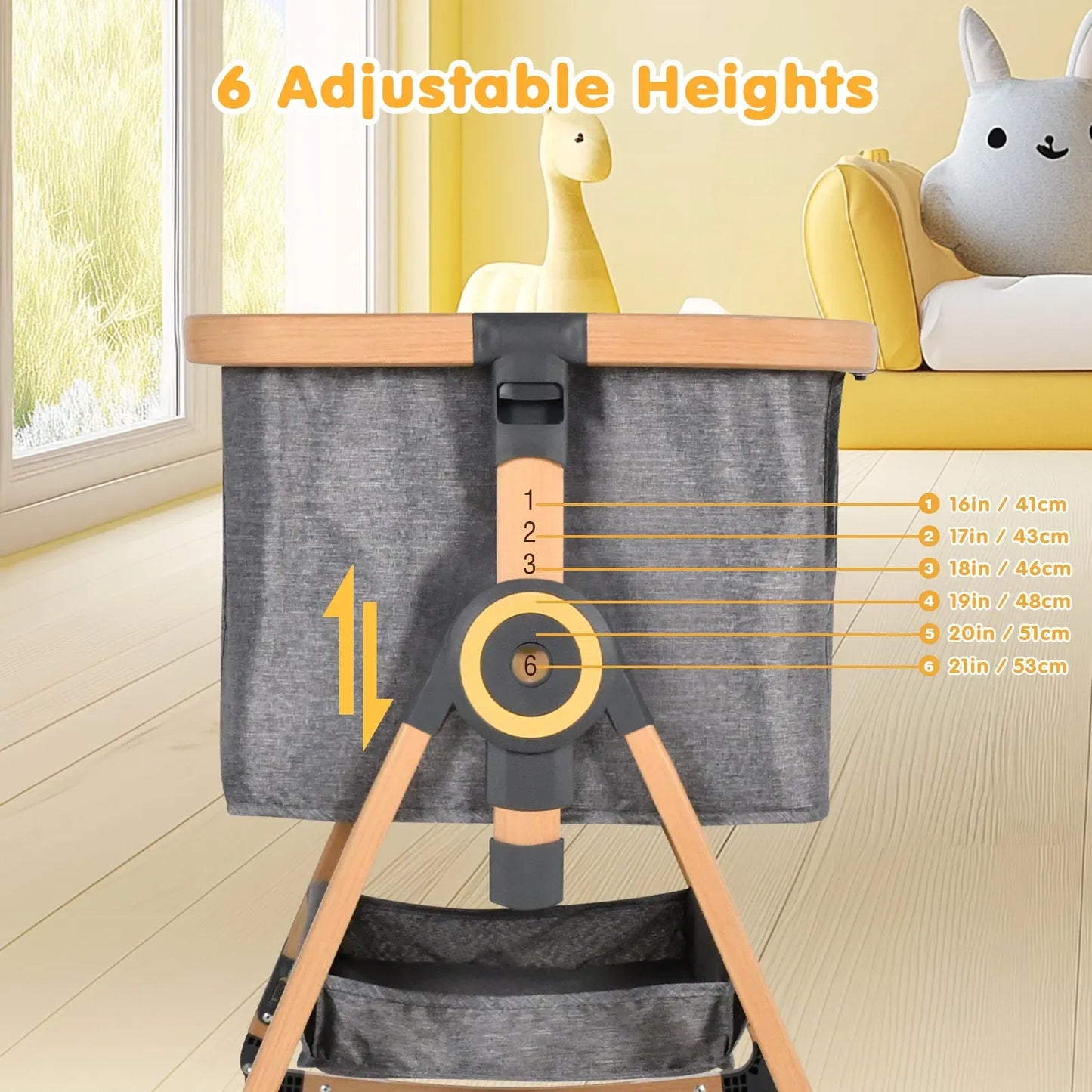 3 in 1 Grey Baby Bassinet Bedside Crib with Mattress, Adjustable Height and Storage Basket