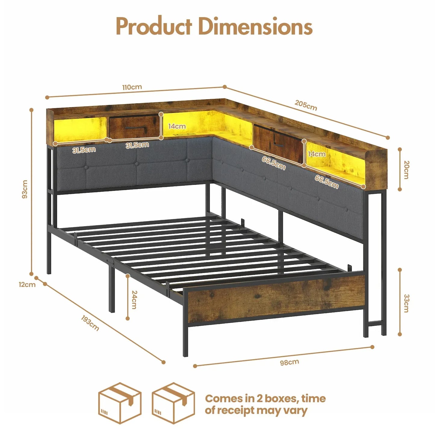 Walnut Single LED Corner Bed Frame in Black with 2 Storage Drawers and Charging Station