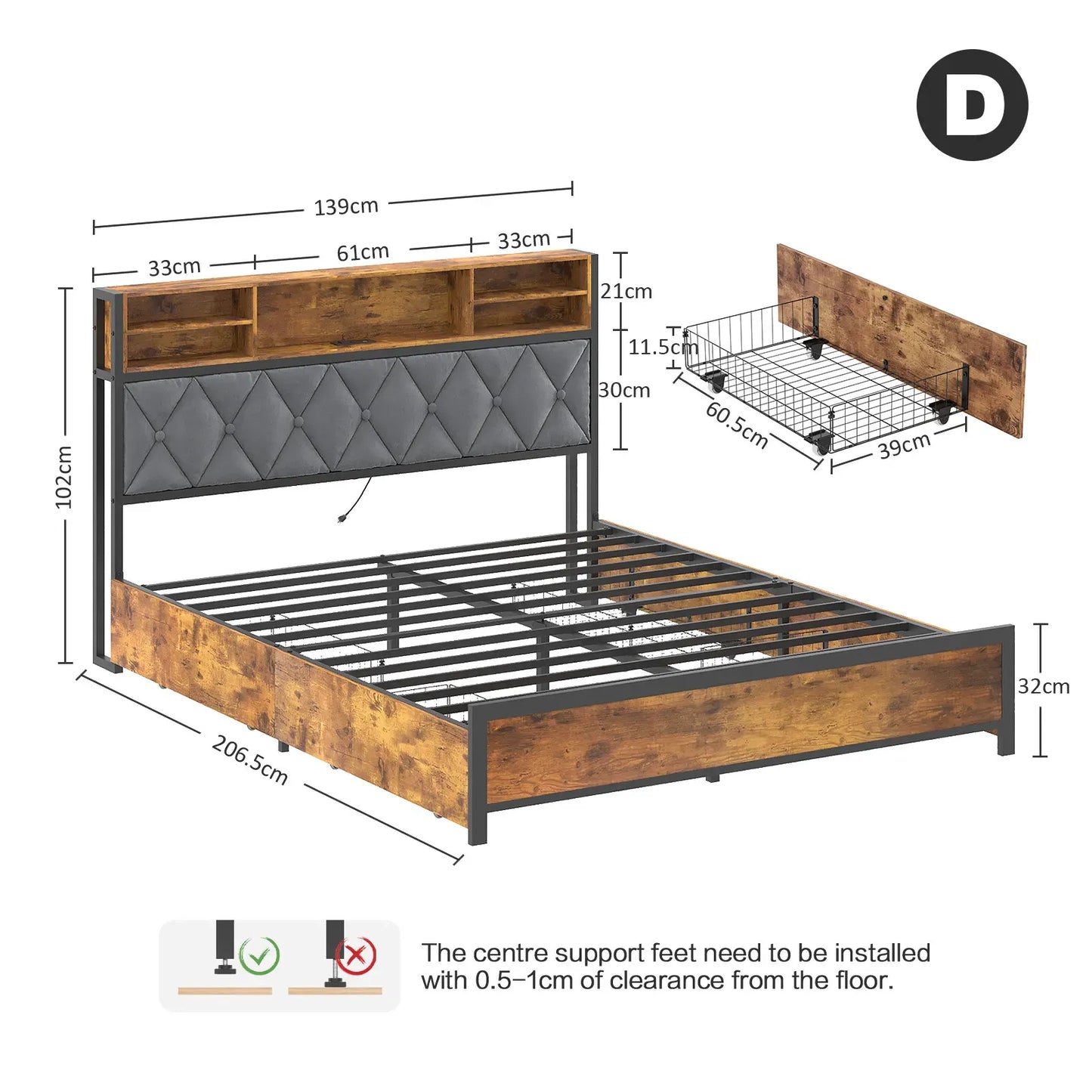 Double Bed Frame with 4 Storage Drawers, Charging Station, USB Ports, Black