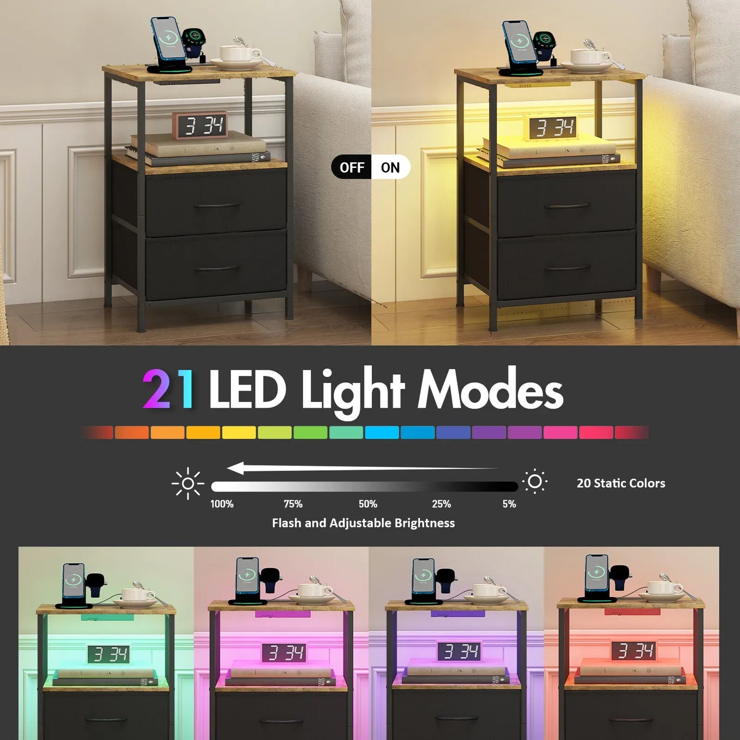 Black and Brown Nightstand with LED Light, Charging Station, and Storage - 60x40cm
