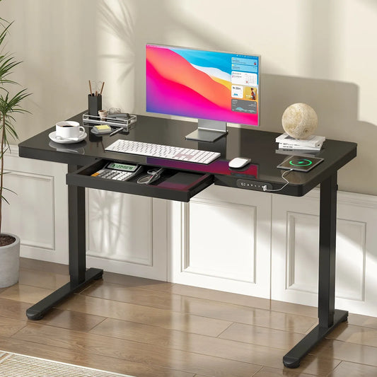 Elektrischer Stehschreibtisch mit Schublade, einteilige Glasplatte, Schwarz, 120x60cm