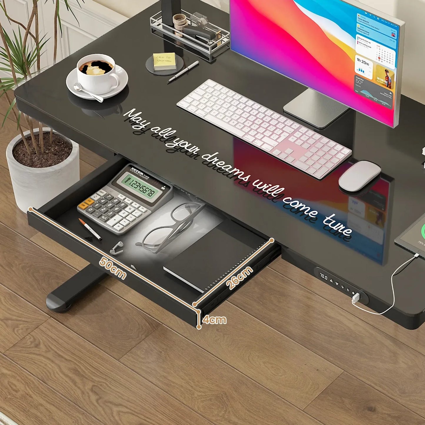 Electric Standing Desk with Drawer, One-Piece Glass Desktop, Black, 120x60cm