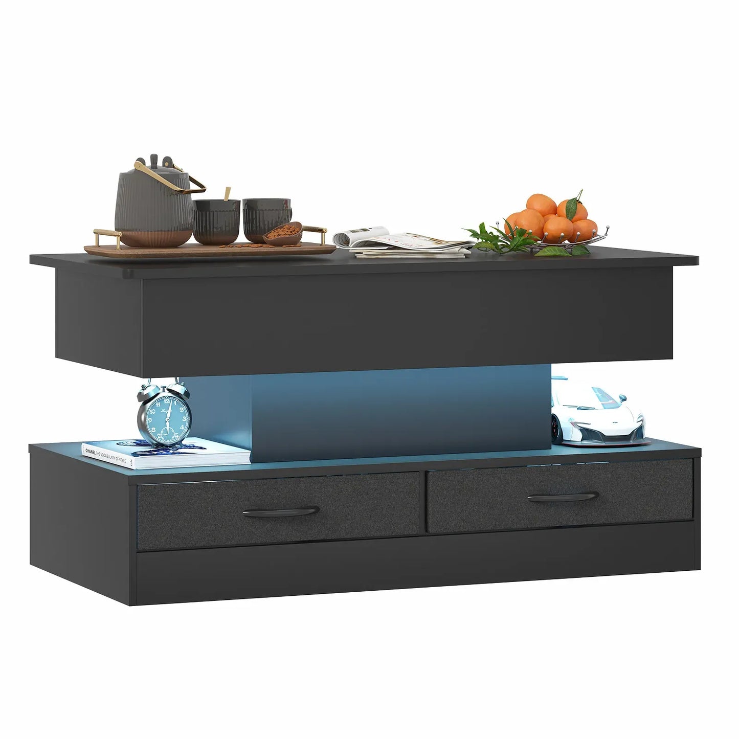 LED Lift Top Coffee Table in Black with 2-Tier Design and Drawers for Living Room