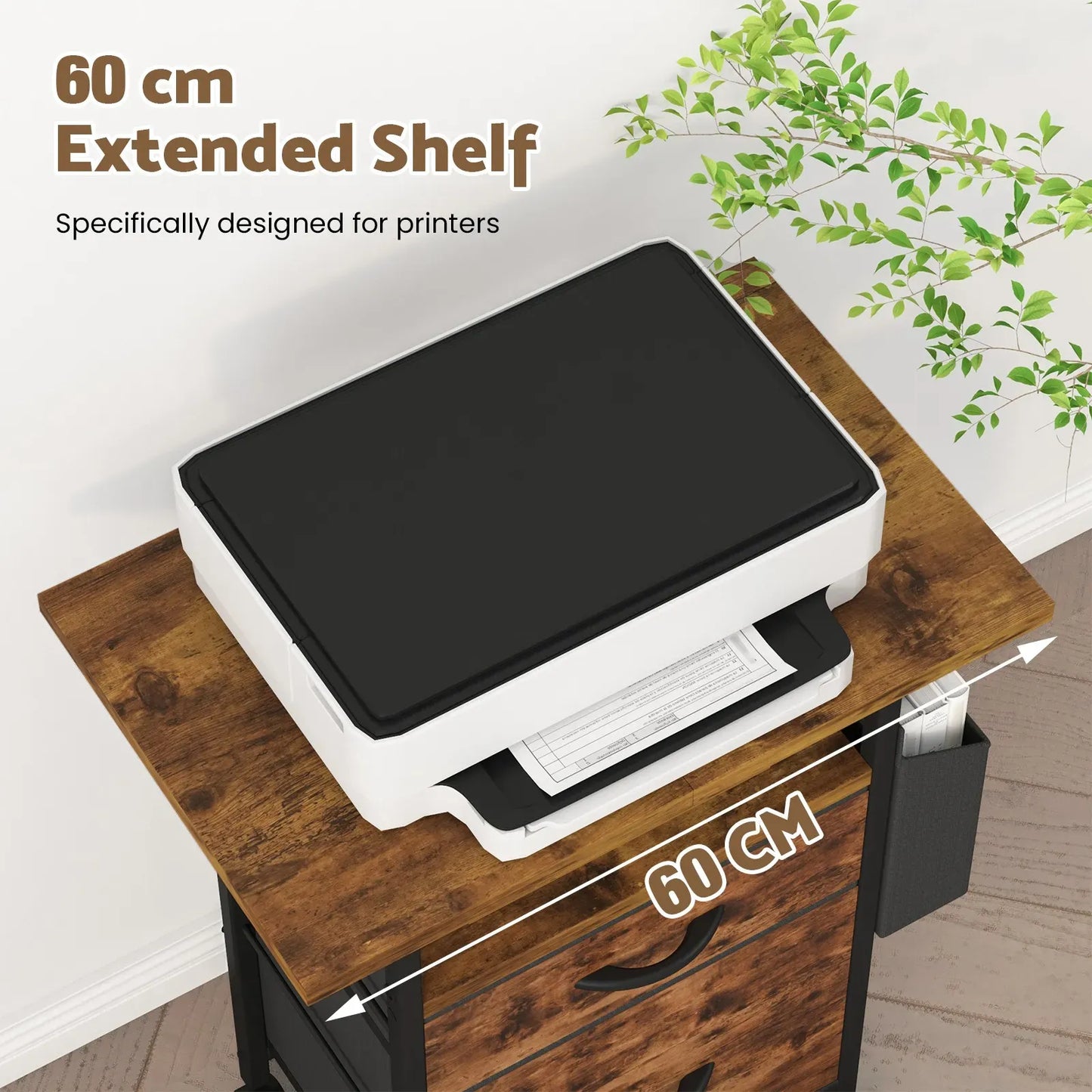 61x38cm Walnut Printer Stand, 4-Tier Mobile File Cabinet with Storage Drawer