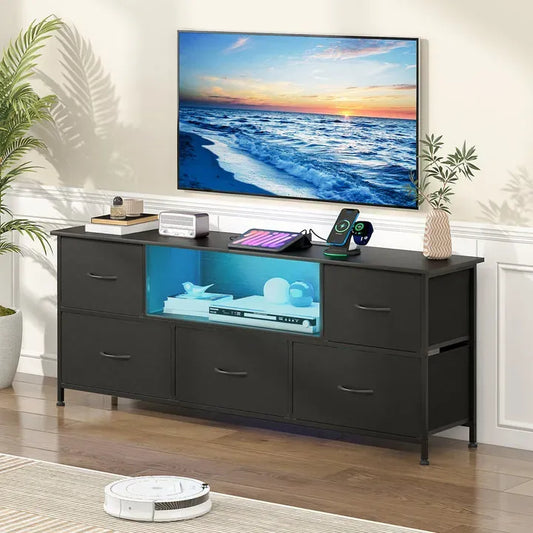 140cm Schwarzes LED-TV-Möbel Entertainment-Center mit Steckdosen