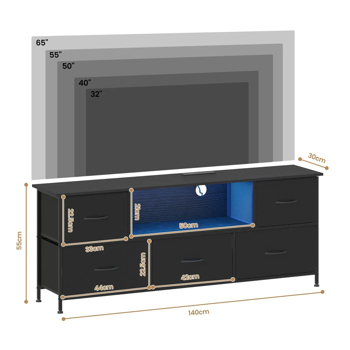 140cm Black LED TV Cabinet Entertainment Unit with Power Outlets