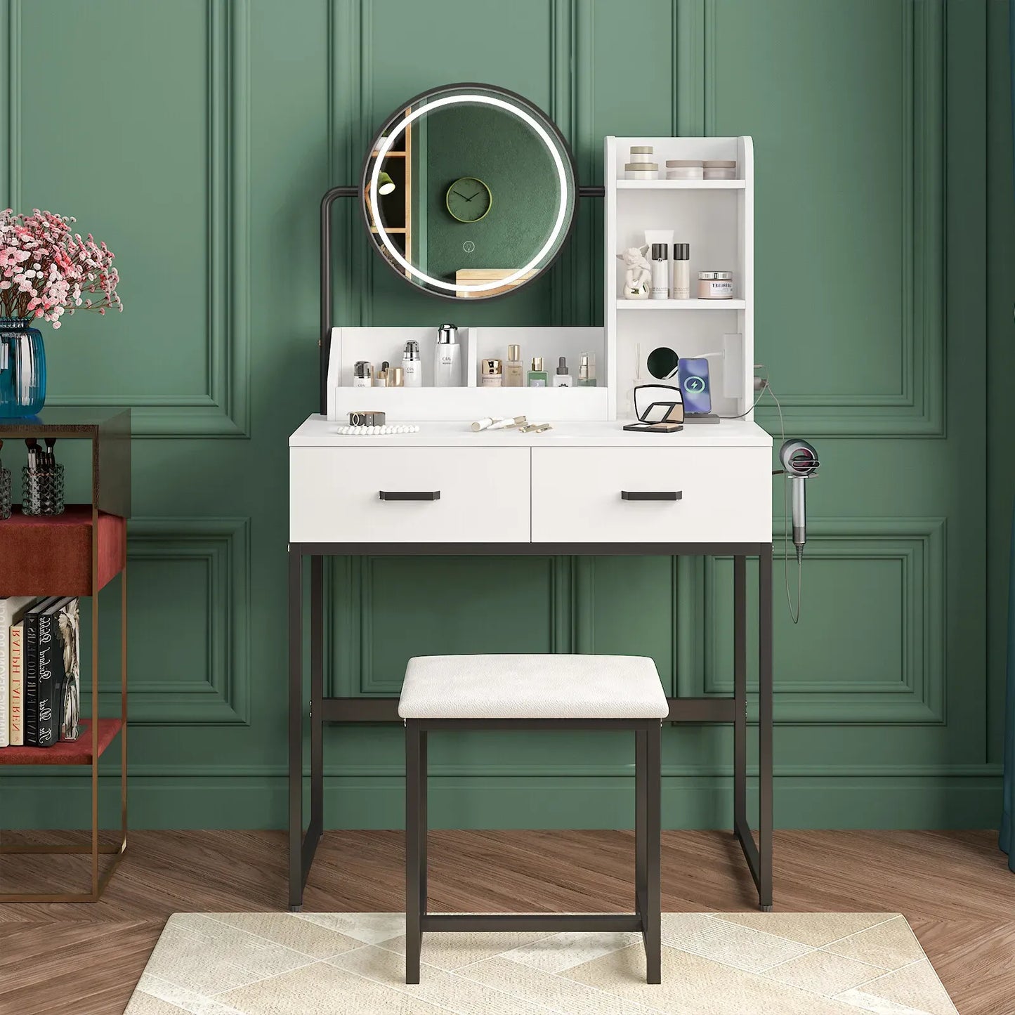White Black Dressing Table Stool Set with LED Lights and Charging Station, 80x136cm