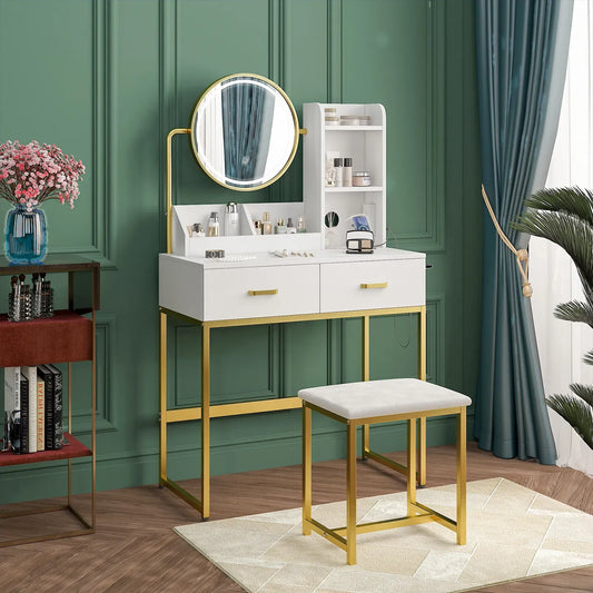 Schminktischhocker-Set in Weiß & Gold mit LED-Beleuchtung und Ladestation