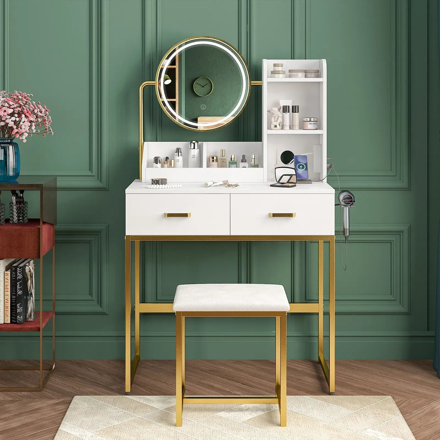 Dressing Table Stool Set in White & Gold with LED Lights and Charging Station