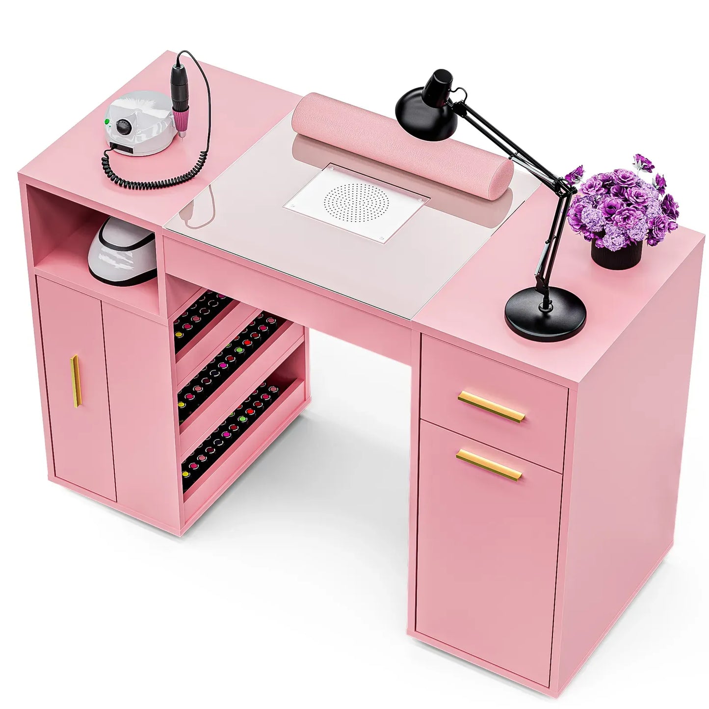 Pink Manicure Table with Electric Dust Collector and Storage, 108x45x77cm