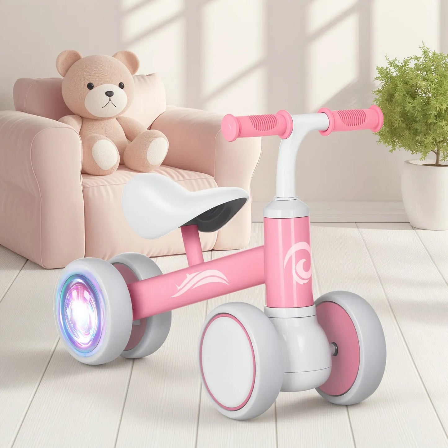 Pink Baby Balance Bike with LED Lights, 55x23x39cm, Suitable for Toddlers Aged 12-36 Months