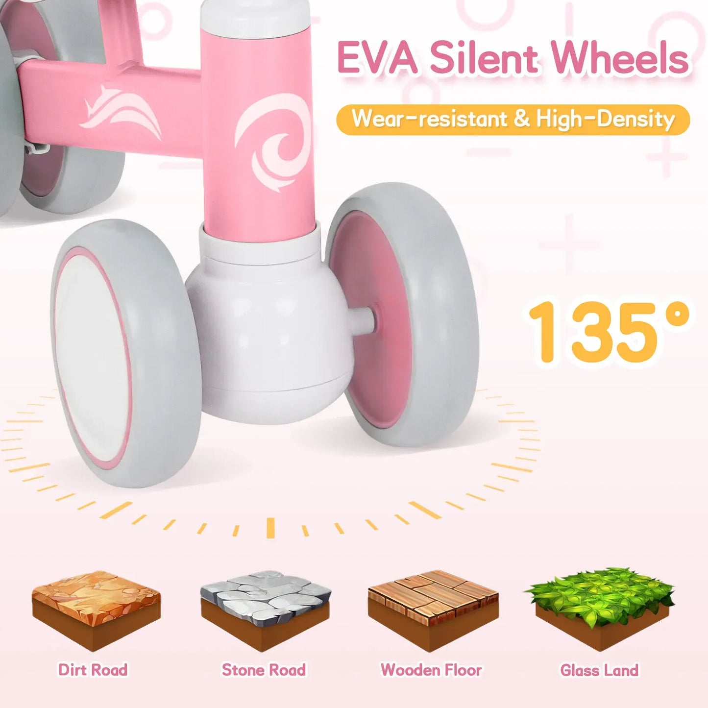 Pink Baby Balance Bike with LED Lights, 55x23x39cm, Suitable for Toddlers Aged 12-36 Months