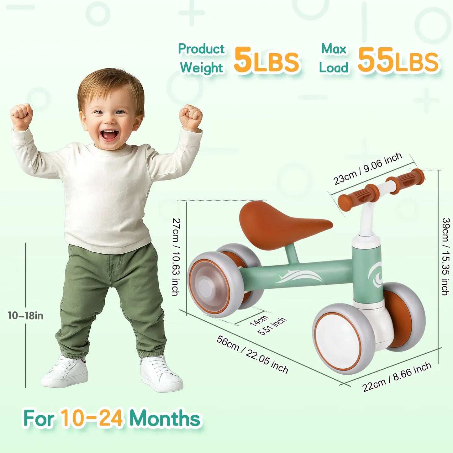Green Baby Balance Bike with LED Lights, 4 Wheels, Lightweight Design for Toddlers