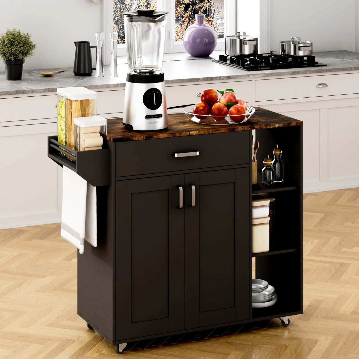 Kitchen Island Cart on Wheels with Charging Station, Black, 83x38x82cm