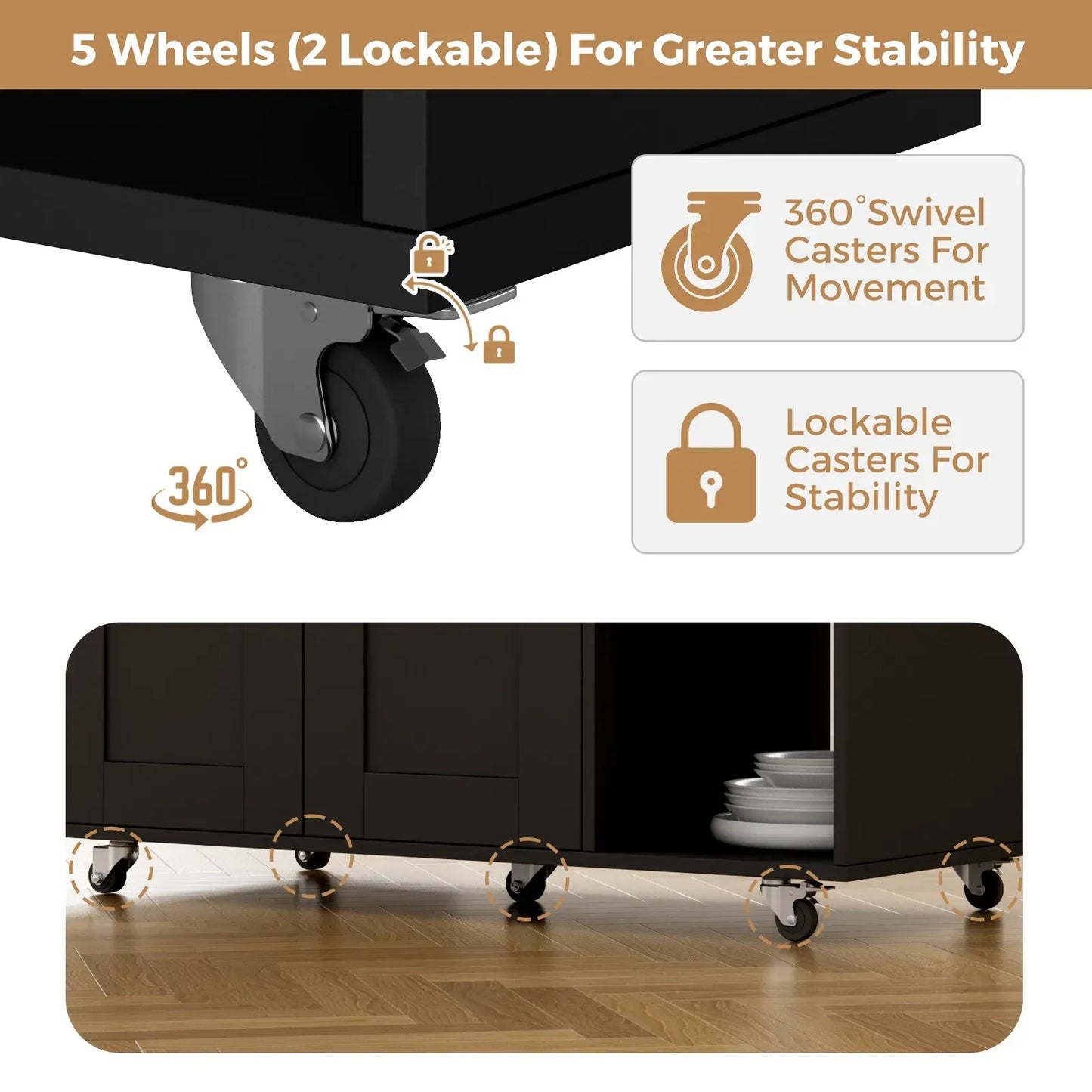 Kitchen Island Cart on Wheels with Charging Station, Black, 83x38x82cm