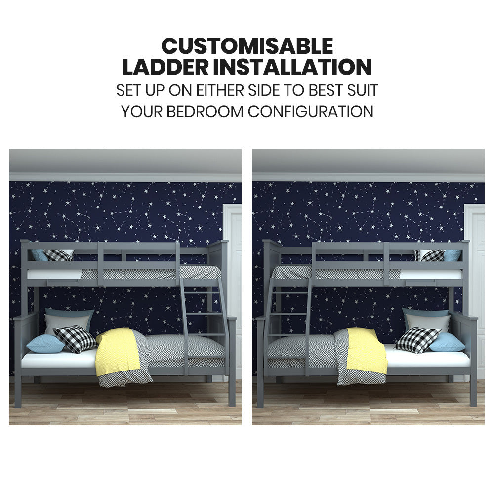 Kingston Slumber Triple Wooden Single Over Double Bunk Bed Frame for Kids, Convertible Design, Grey