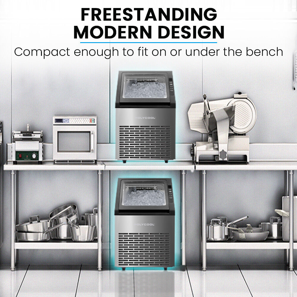 POLYCOOL Commercial Ice Maker Machine, up to 45kg/24hr, Timer & Self Cleaning Programs
