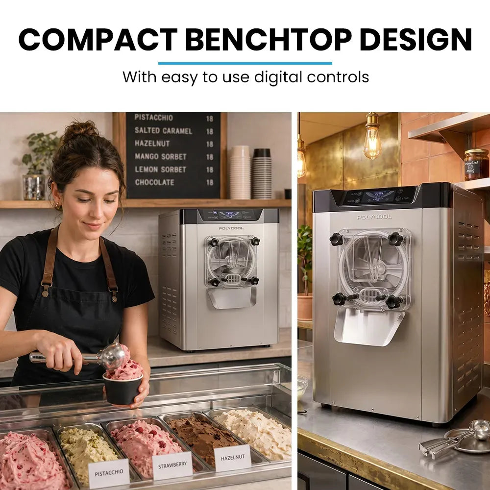 POLYCOOL Commercial 4L Benchtop Hard Ice Cream and Gelato Machine, 16L/hr output, 1400W, Stainless Steel, Digital Control Panel