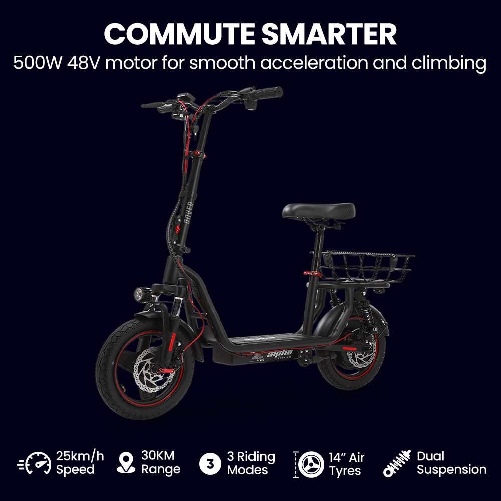ALPHA Rover Electric Scooter with Seat, AU Compliant, 500W 48V 25km/h 30km Range, 14-inch Tyres, Motorised Commuter eScooter for Adults, Black