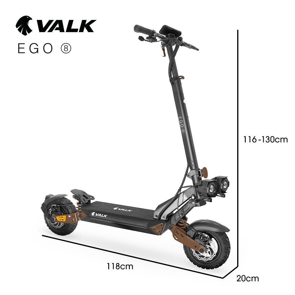 VALK Ego 8 Electric Scooter, 500W, AU Compliant, 48V 13Ah, 55km Max Range, eScooter for Adults, Foldable, Off Road, Black/Bronze