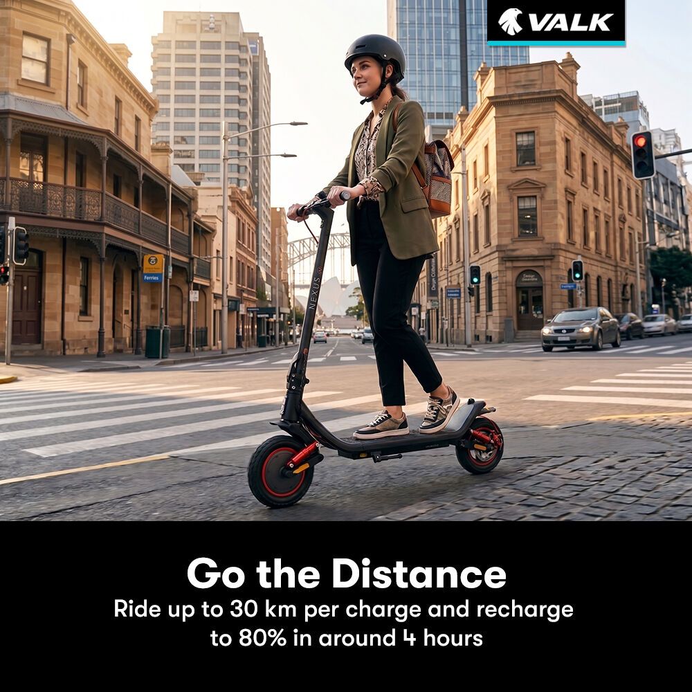 VALK Nexus 7 Electric Scooter, 500W, AU Compliant, 30km Max Range, 10 inch Tyres, Suspension, Folding Motorised Commuter eScooter for Adults,