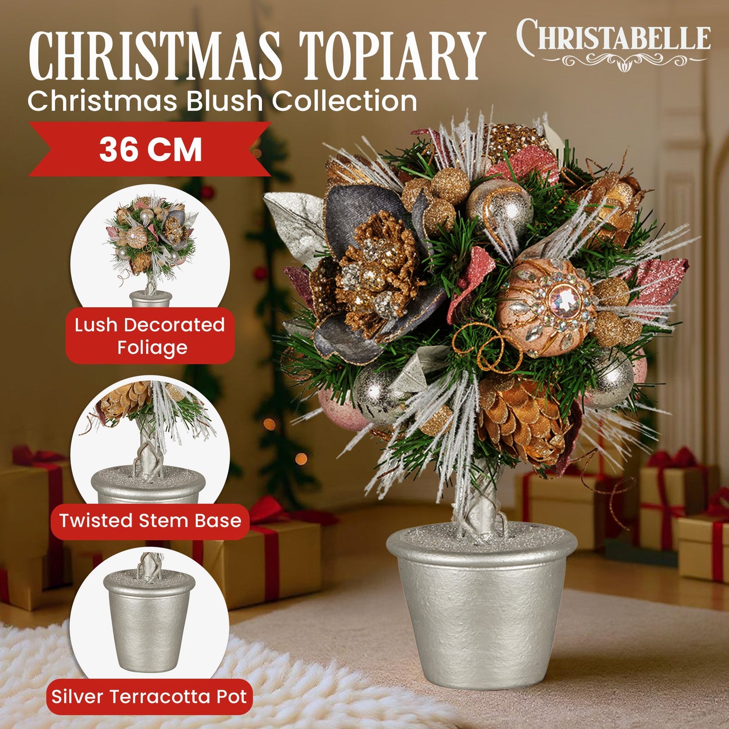 Christabelle 36cm Christmas Tabletop Topiary Tree Jewelled Baubles, Berries, Flowers and Pine Cones Festive Decoration