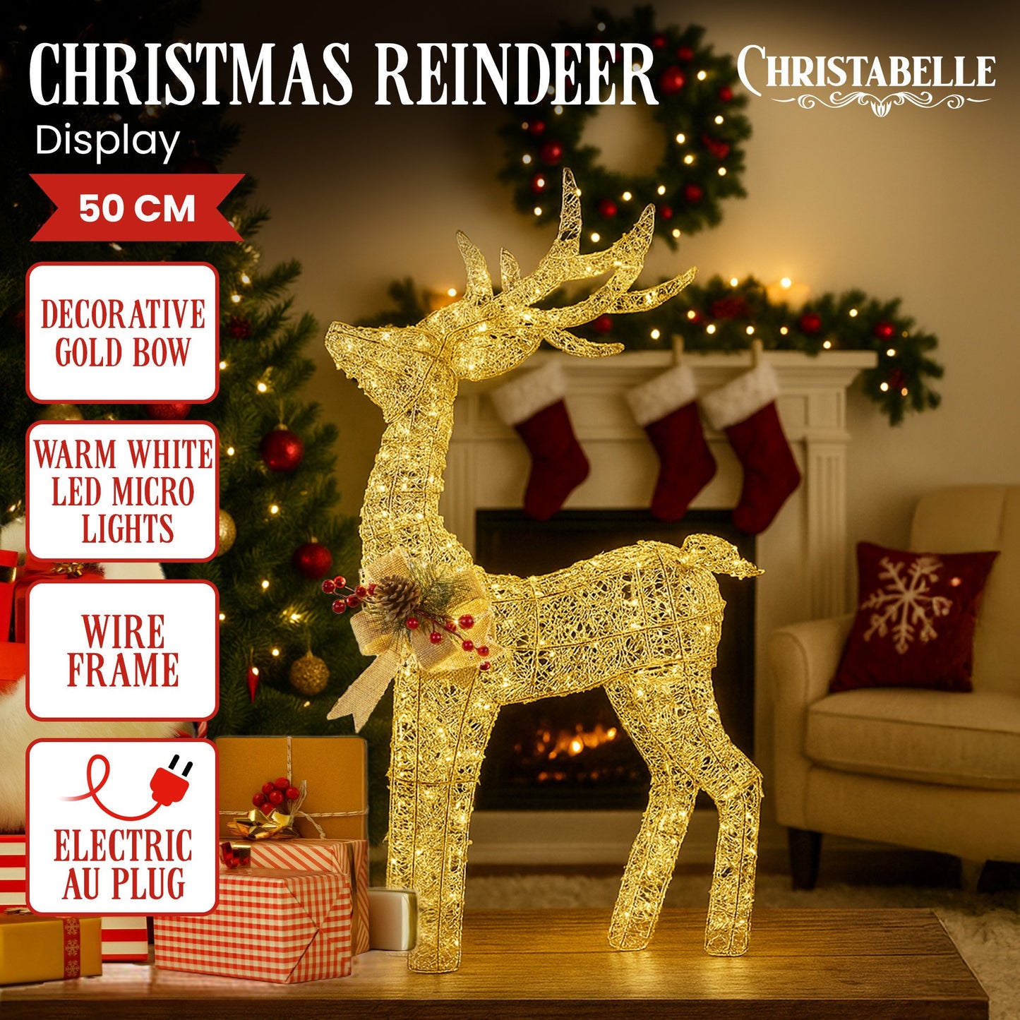 Christabelle Light Up Christmas Reindeer Display Indoor & Outdoor Decoration Warm White LED Lights Gold Bow Wire Frame
