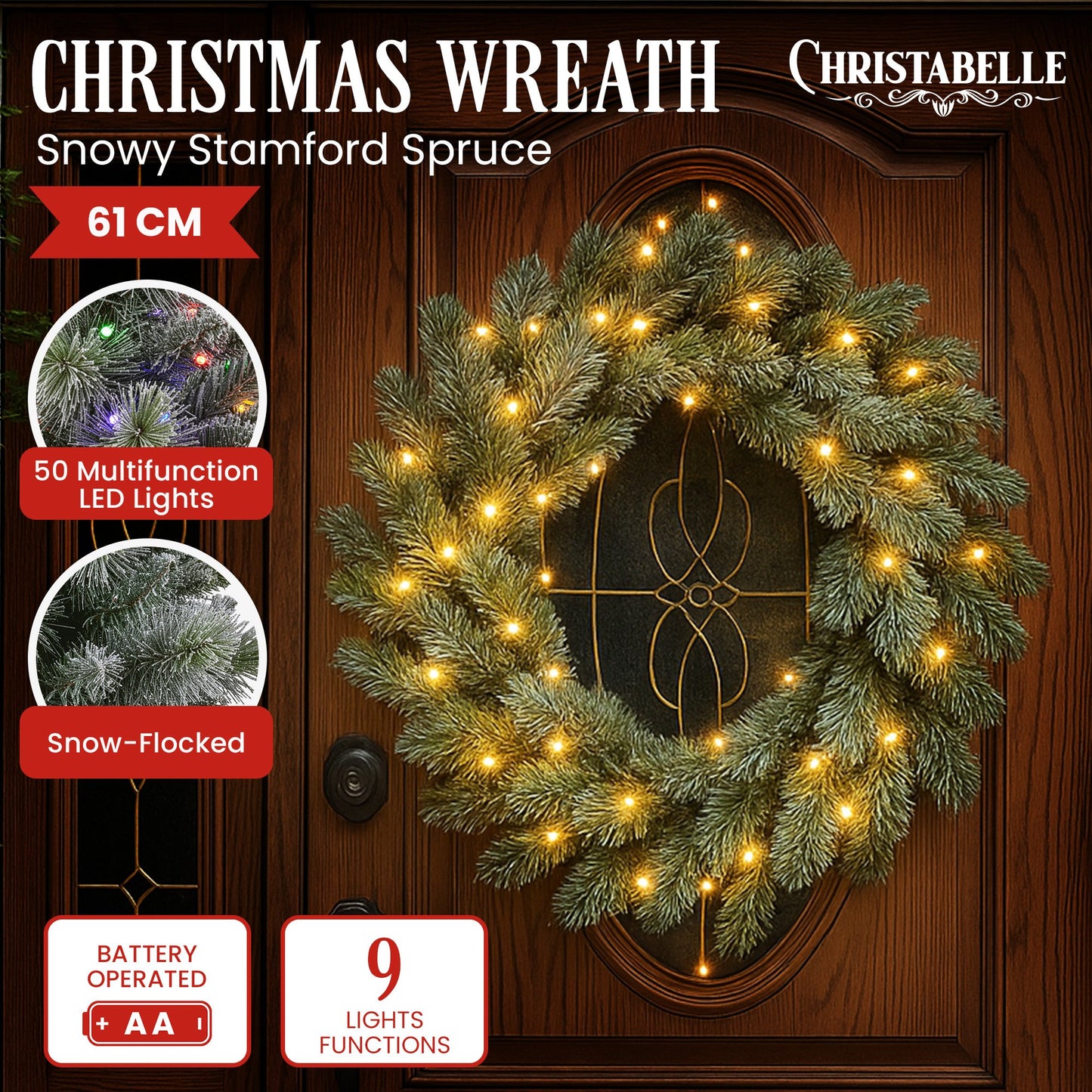 Christabelle 61cm Christmas Wreath Snowy Stamford Spruce with Coloured LED Lights Front Door Decoration Ornament