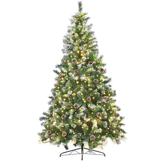 Christabelle 2.4m Pre-Lit LED Artificial Christmas Tree with Snow Tipped Needles Pine Cones Stand