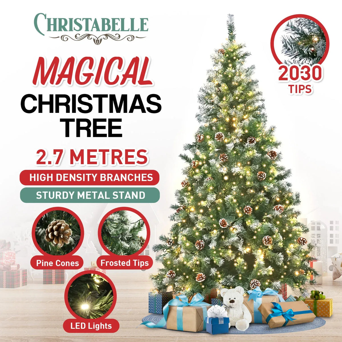 Christabelle 2.7m 9ft Pre-Lit LED Artificial Christmas Tree with Snow Tipped Needles Pine Cones Stand
