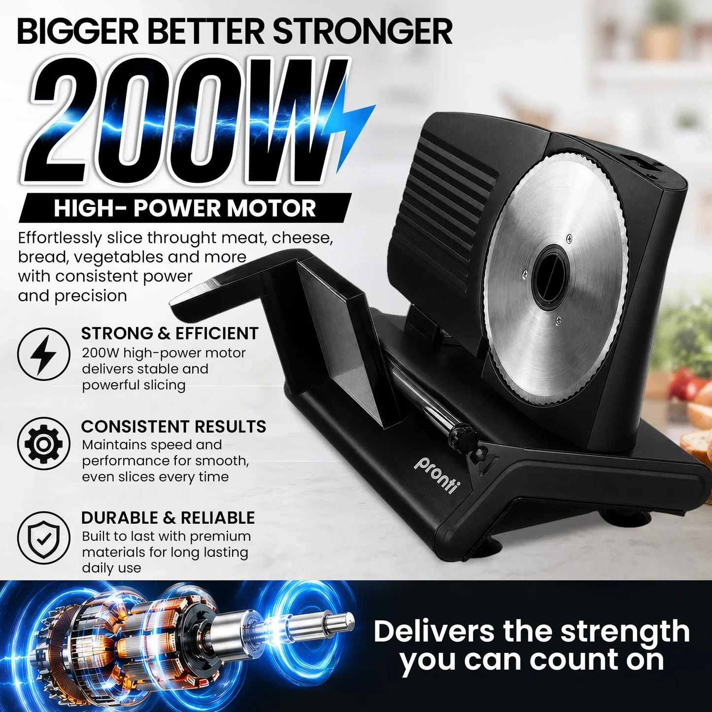 Pronti Electric Deli and Food Slicer with Adjustable Thickness - Black