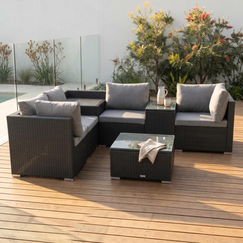 7PC Outdoor Wicker Loveseat Setting with Storage Corner (Black)