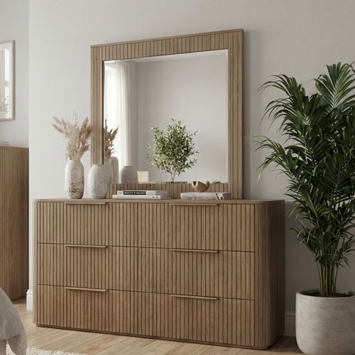 Solid Rubber Wood Dresser with Mirror in Oak colour