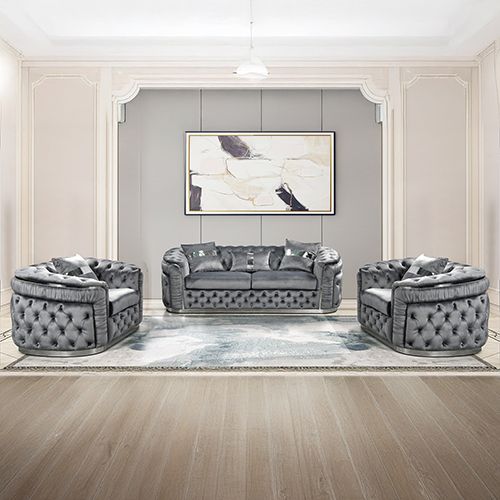 3+1+1 Seater Sofa Set Grey Velvet Fabric Solid Wood construction Silver Stainless Steel Trim