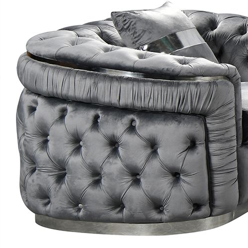 3 Seater Sofa Grey Velvet Fabric Solid Wood construction Silver Stainless Steel Trim