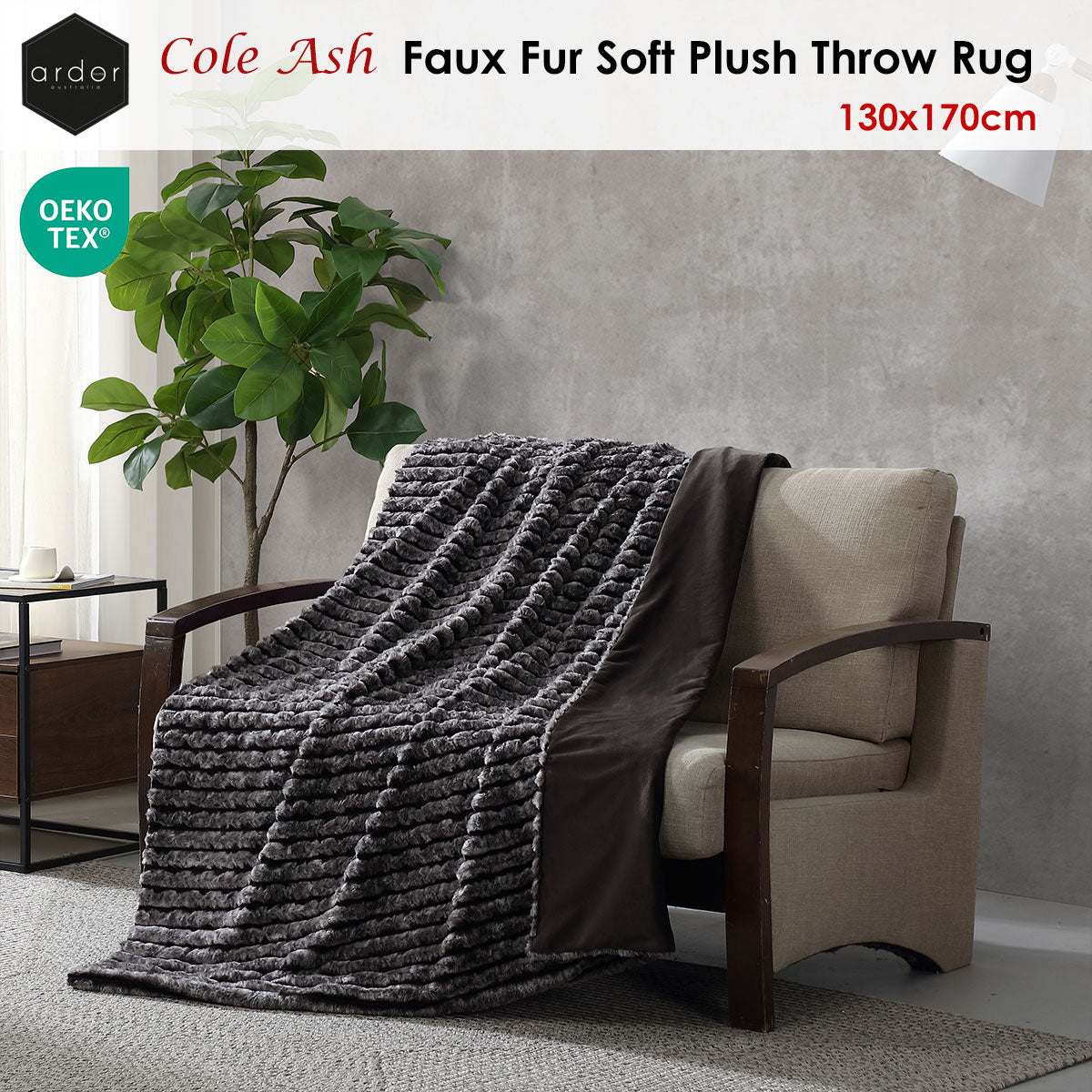 Ardor Cole Ash Striped Faux Fur Soft Plush Throw Rug 130x170cm