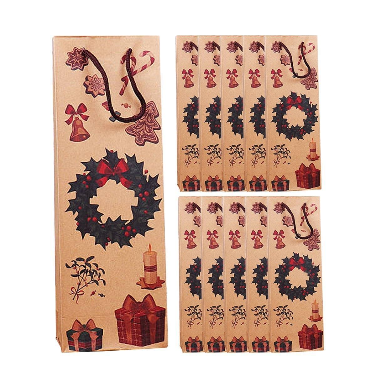 20PCS Christmas Wine Bottle Gift Bags Kraft Paper Red Wine Bag Holiday Set - Christmas Wreath