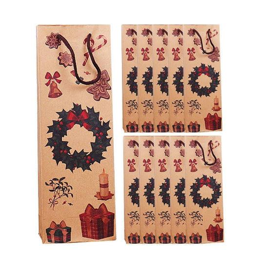 20PCS Christmas Wine Bottle Gift Bags Kraft Paper Red Wine Bag Holiday Set - Christmas Wreath