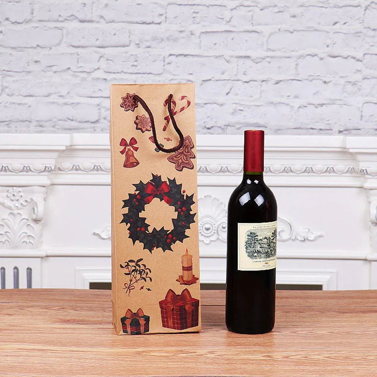 20PCS Christmas Wine Bottle Gift Bags Kraft Paper Red Wine Bag Holiday Set - Christmas Wreath