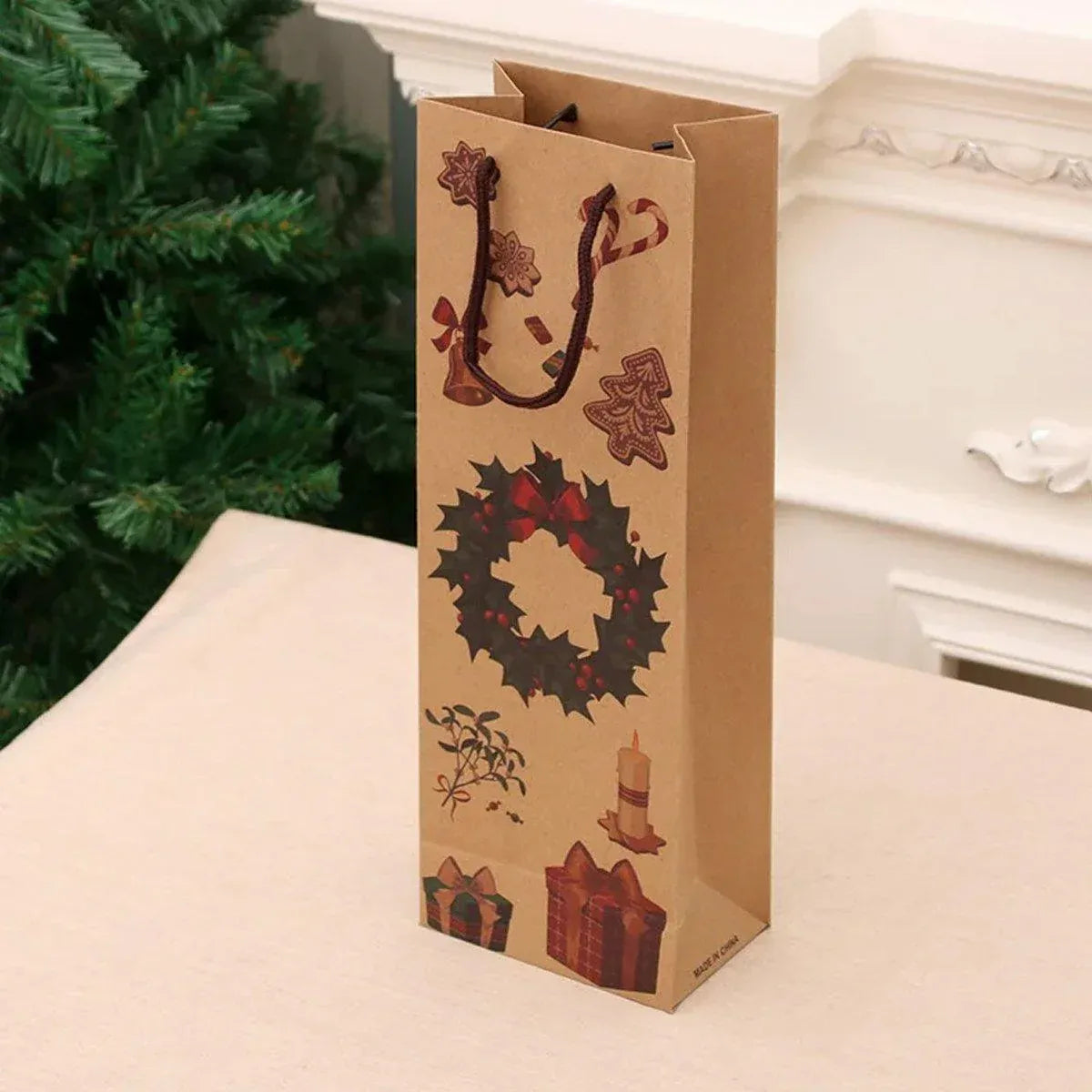 20PCS Christmas Wine Bottle Gift Bags Kraft Paper Red Wine Bag Holiday Set - Christmas Wreath