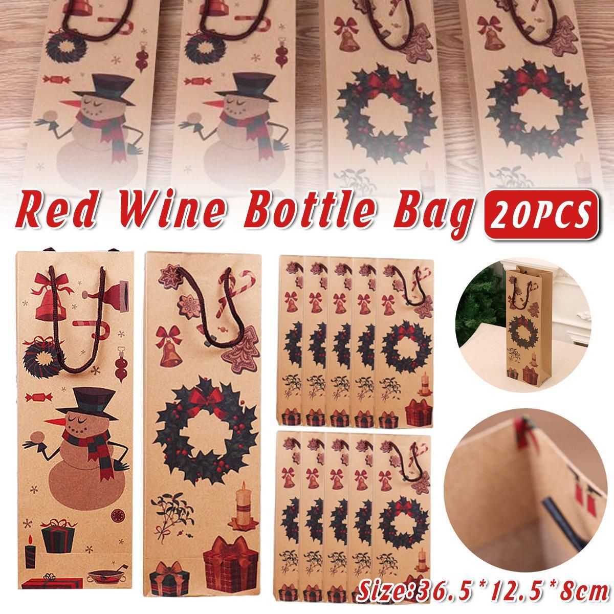 20PCS Christmas Wine Bottle Gift Bags Kraft Paper Red Wine Bag Holiday Set - Christmas Wreath