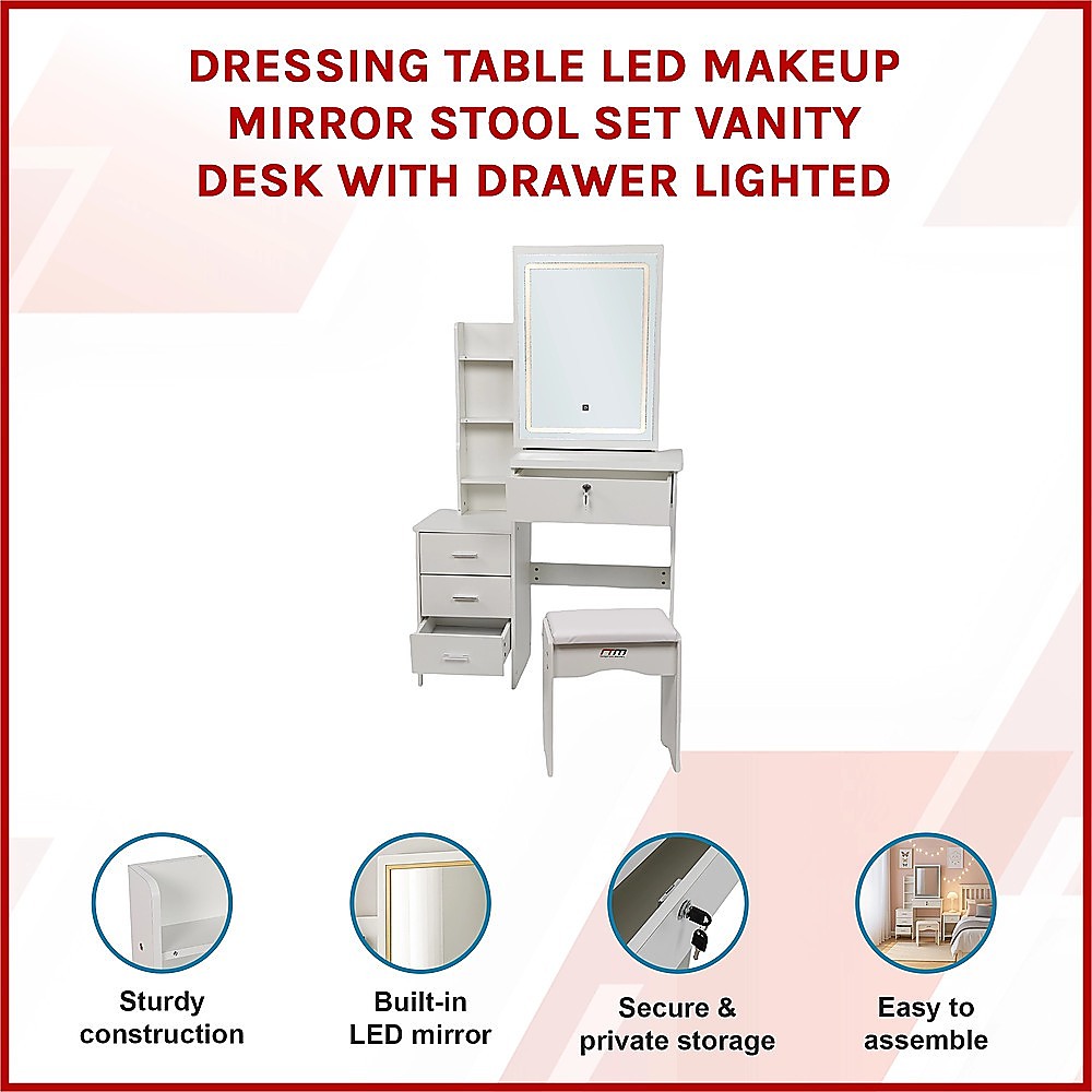 Dressing Table LED Makeup Mirror Stool Set Vanity Desk With Drawer Lighted