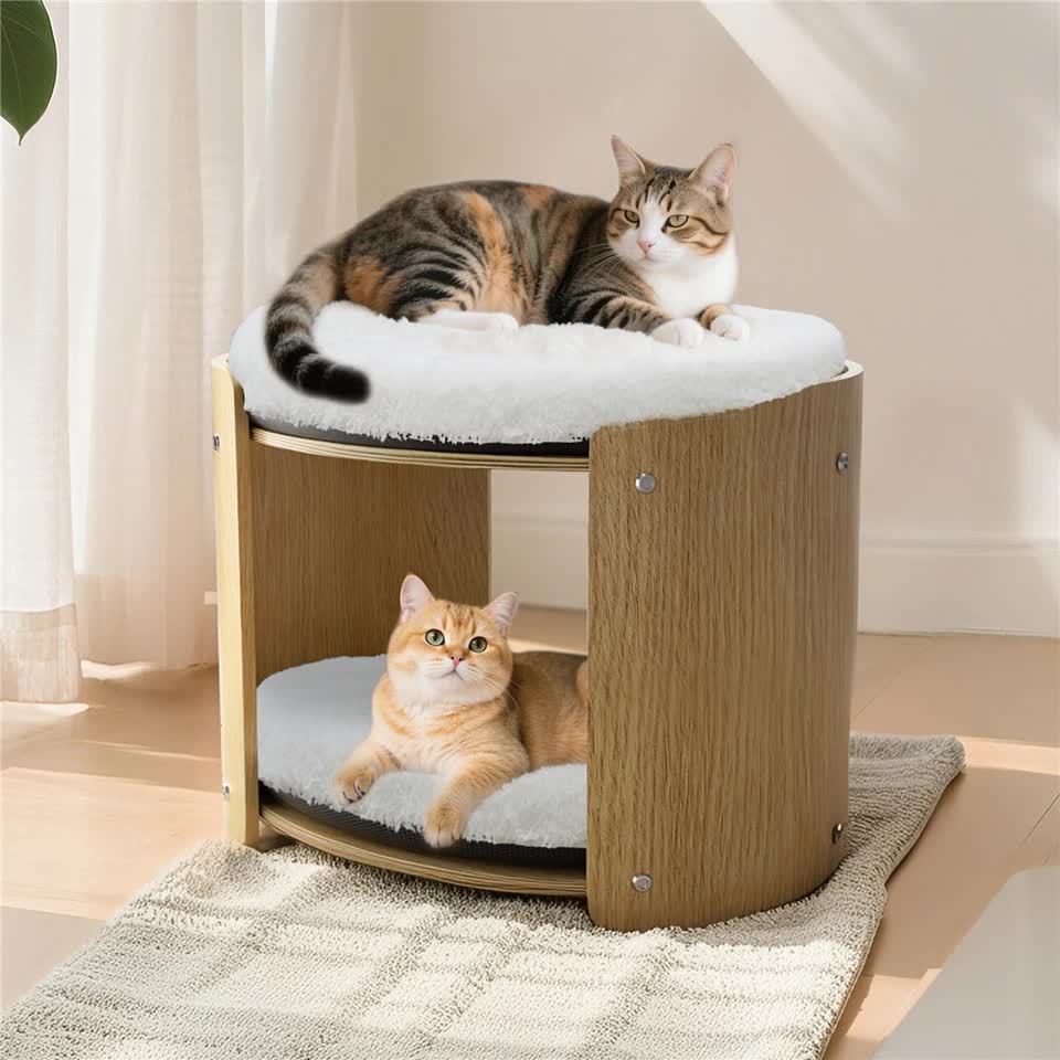 Natural Wood Cat Bunk Bed with Cushioned Two Tiers for Stylish Pet Comfort