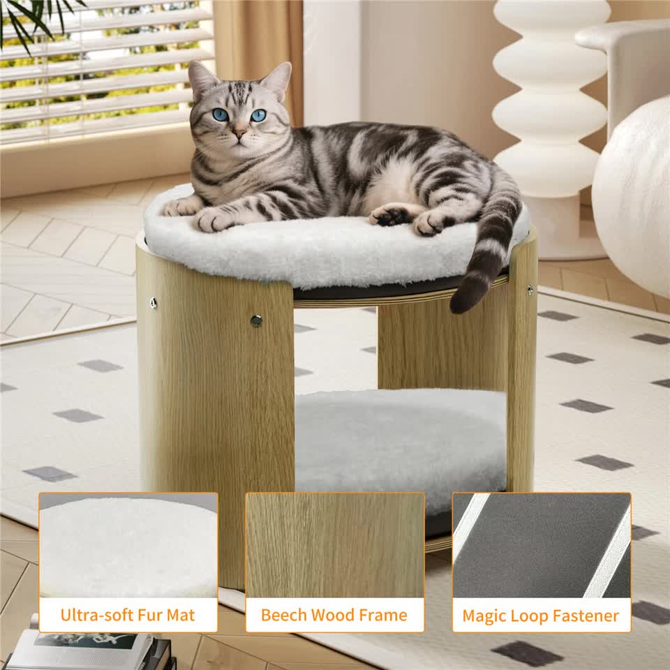 Natural Wood Cat Bunk Bed with Cushioned Two Tiers for Stylish Pet Comfort