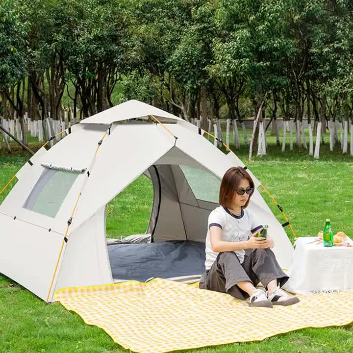 Khaki 3-4 Person Lightweight Camping Tent (210*200*135cm) | UV Protection Silver Coated, Dual Doors & Windows