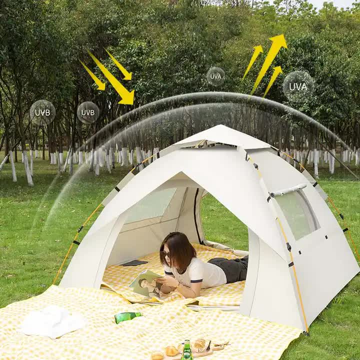 Khaki 3-4 Person Lightweight Camping Tent (210*200*135cm) | UV Protection Silver Coated, Dual Doors & Windows