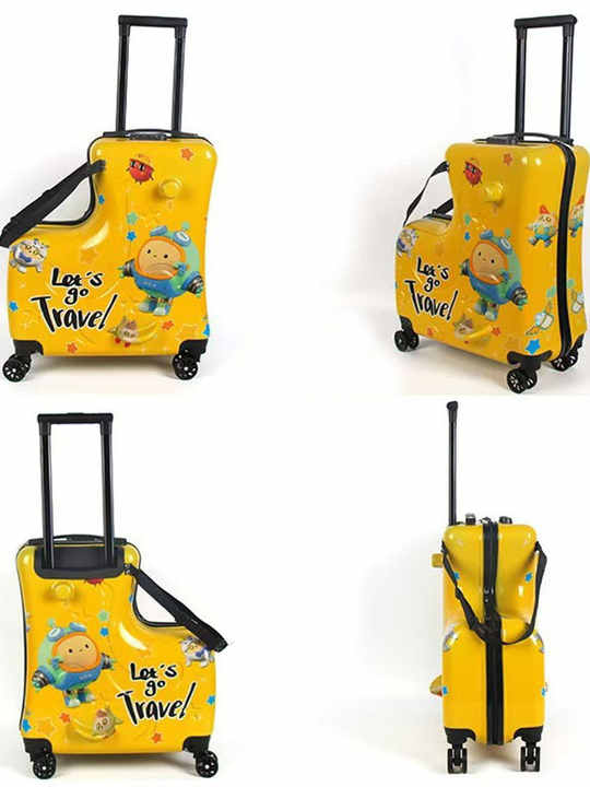 Yellow Kids Ride-On Luggage - 20-Inch Cartoon Travel Suitcase with Footrest, Durable Rolling Carry-On for Children