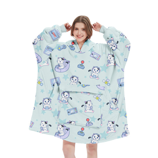 Blue Pattern Oversized Wearable Blanket Hoodie - Ultra Soft & Cozy Snuggle Pullover for Adults